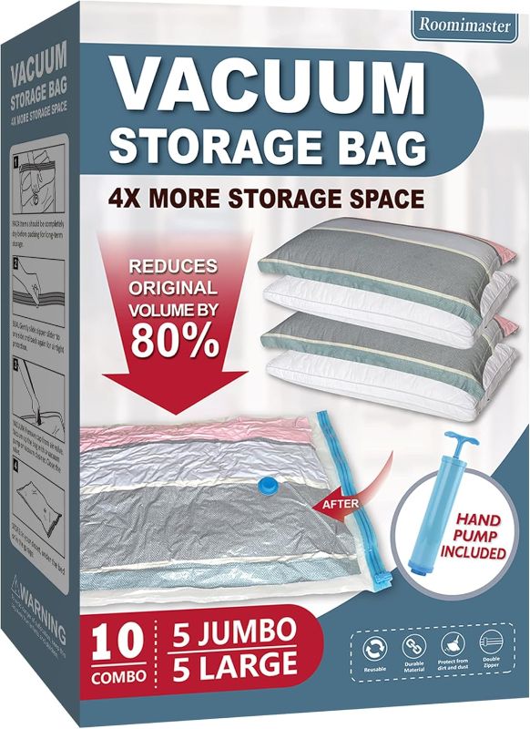 Photo 1 of 10 Pack Vacuum Storage Bags with Pump, 5 Jumbo and 5 Large Space Saver Vacuum Storage Bags, Vacuum Seal Bags 
