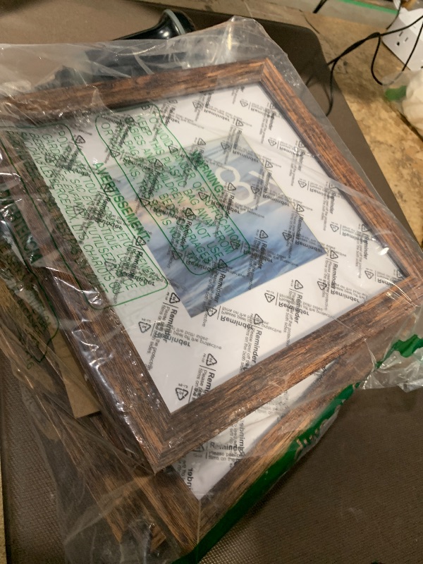 Photo 1 of **NOT GLASS FRAMES/1 HAS MINOR DAMAGE (CHIP IN THE CORNER) ** Fisnish 8x8 Picture Frame Sef of 10, Display Pictures 5x5 with Mat or 8 x 8 Without Mat, Brown Photo Frame Collage for Wall Gallery Decor, Hanging or Tabletop Display