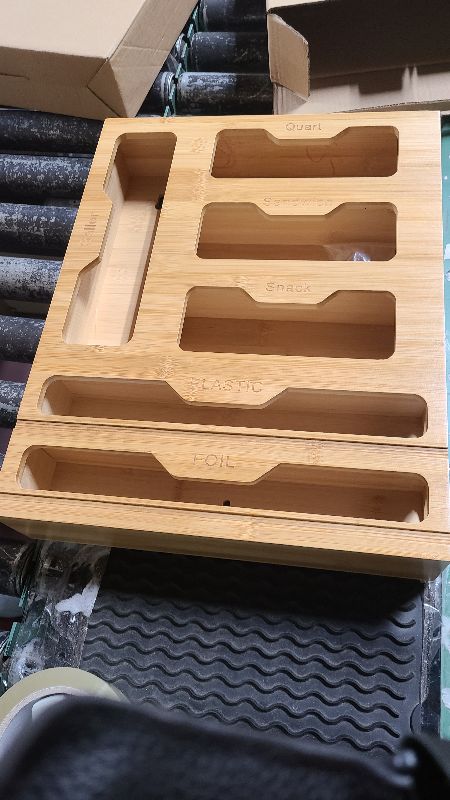 Photo 1 of  Wall Mount Ziplock Bag + Foil & Plastic Wrap Organizer - Premium Bamboo Organizer for Ziplock Bags, Foil & Plastic Wrap Dispenser | Kitchen Organization & Storage | 12" X 2.125" Standard Rolls only
