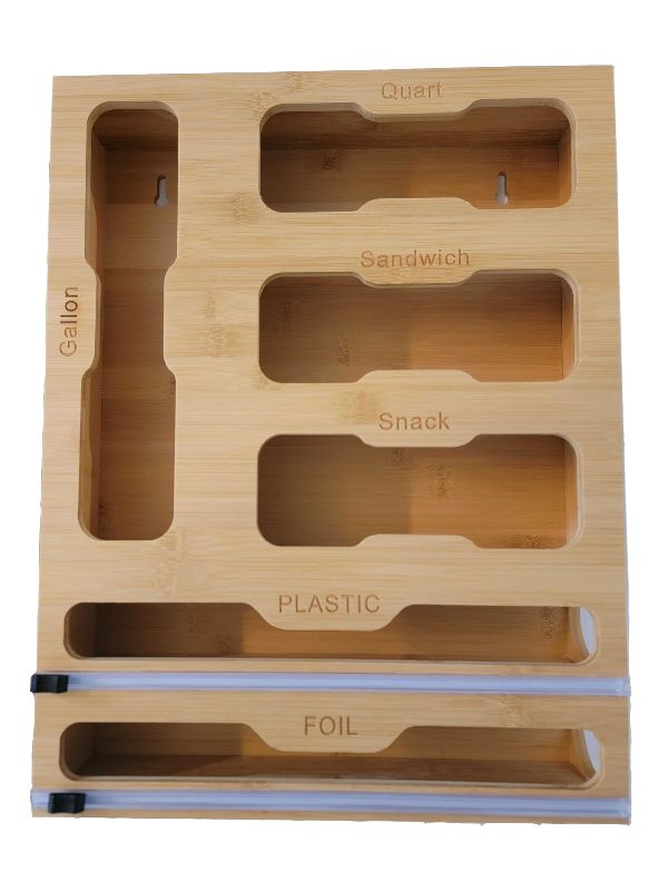 Photo 1 of  Wall Mount Ziplock Bag + Foil & Plastic Wrap Organizer - Premium Bamboo Organizer for Ziplock Bags, Foil & Plastic Wrap Dispenser | Kitchen Organization & Storage | 12" X 2.125" Standard Rolls only
