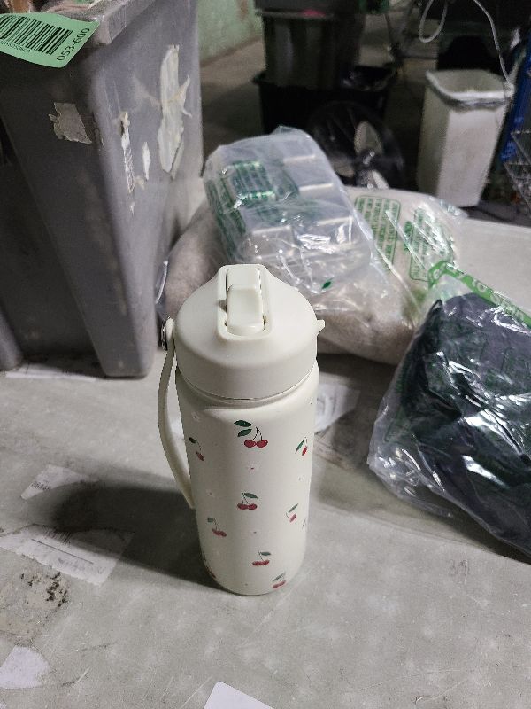 Photo 1 of  Insulated Water Bottle with Straw, Leak Proof Water Bottle Stainless Steel with Flip Straw and Handle, Metal, Reusable, Wide Mouth, for Travel, Gym and School (Cream Cherry)