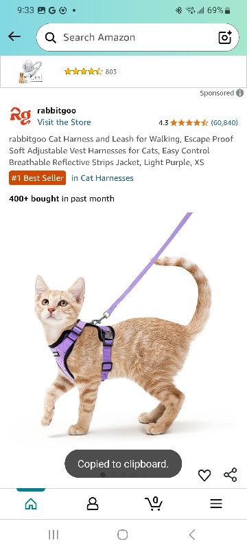 Photo 1 of  rabbitgoo Cat Harness and Leash for Walking, Escape Proof Soft Adjustable Vest Harnesses for Cats, Easy Control Breathable Reflective Strips Jacket, Light Purple, S