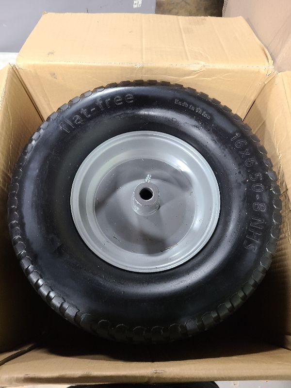 Photo 1 of 16x6.50-8 Flat Free Riding Lawn Mower Tire and Wheel, 2 Pcs 16x6.5-8nhs Garden Tractor Lawnmower Tyre, with 3/4" & 5/8" Bearing, 3" -4.5" -6" Centered Hub