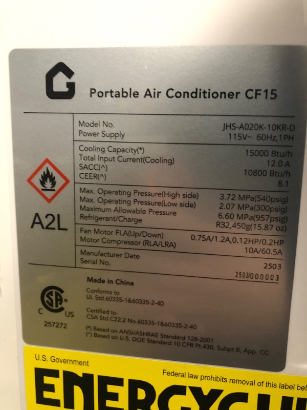 Photo 1 of (FOR PARTS ONLY)**MISSING HARDWARE//COSMETICS**
Garvee 15,000 BTU Portable Air Conditioner, Cools up to 800 Sq.ft, Portable AC Built-in Cool with Dehumidifier and Fan Modes, Remote Control and Installation Kits, < 50dB, White