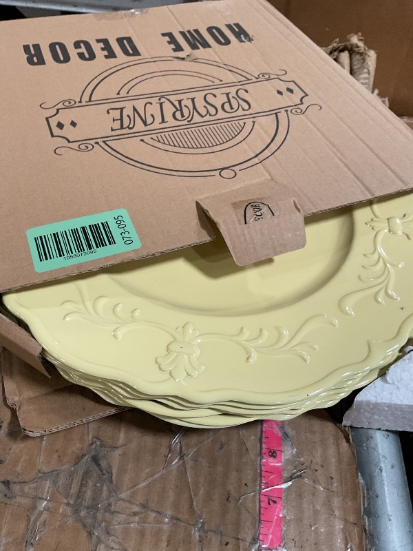 Photo 1 of ***(MINOR DAMAGE/ HAS SCRATCHES)***Spsyrine Light Yellow Charger Plate, 13" Embossed Plastic Table Plate Chargers for Dinner, Set of 6 Elegant Decorations for Wedding, Dining, Party Events.