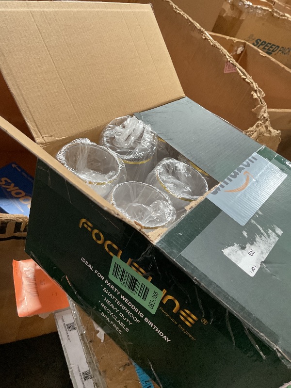 Photo 1 of ***LIKE NEW/OPEN BOX***FOCUSLINE 32 Pack 12 OZ Plastic Wine Glasses, Stemless Disposable Wine Cups, Gold Rim Unbreakable Wine Glasses, Reusable Shatterproof Recyclable and BPA-Free Plastic Wine Cups