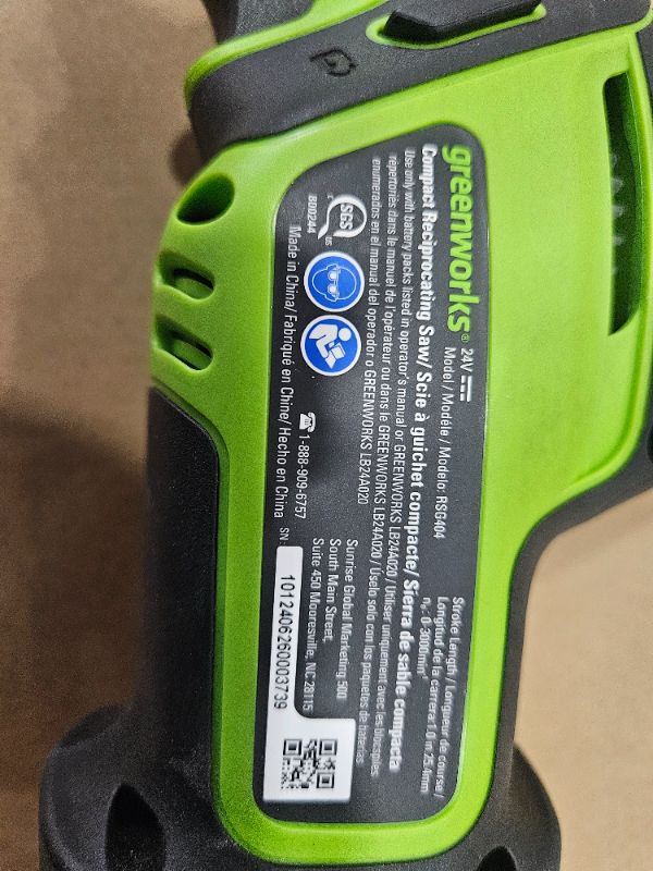 Photo 1 of (tool only) (untested) Greenworks 24V Brushless 1" Compact One-Handed Reciprocating Saw (3,000 SPM), Cordless Powered Variable Speed Recip Saw, ( tool only )