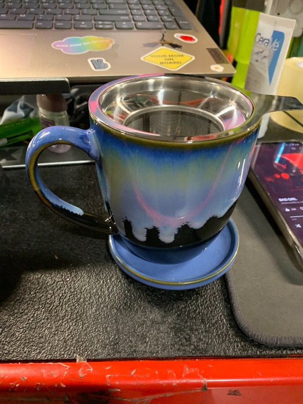 Photo 1 of (missing infuser) Bosmarlin Ceramic Tea Cup with Infuser and Lid, 16 Oz, 4 Color to Choose Dishwasher and Microwave Safe, Steeping Tea Mug with Strainer (Blue)