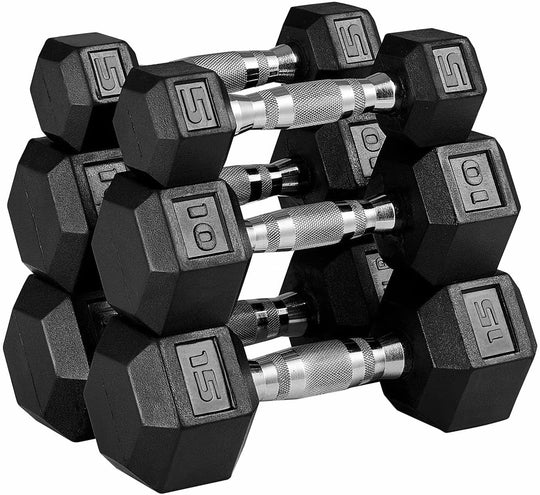 Photo 1 of ***STOCK PHOTO FOR REFERENCE ONLY***Rubber Hex Dumbbell Sets 60LB - 5LB PAIR, 10LB PAIR, AND 15LB PAIR