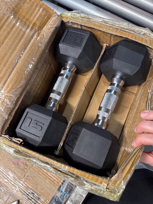 Photo 1 of (SET OF 10/15 LBS) (PARTIAL SET) CAP Barbell 150 LB Coated Hex Dumbbell Weight Set with Vertical Rack, Black