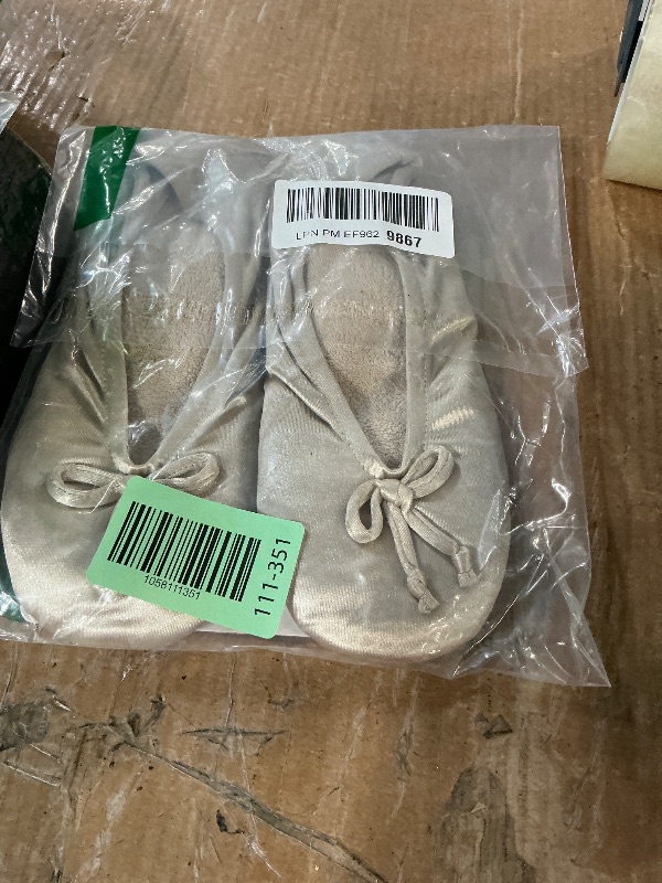 Photo 1 of ***(HEAVILY USED/ MINOR DAMAGE***isotoner Women's Stretch Satin Ballerina Slippers with Soft Bow, Suede Sole, and Terry Lining, Sandtrap, 9.5-10.5