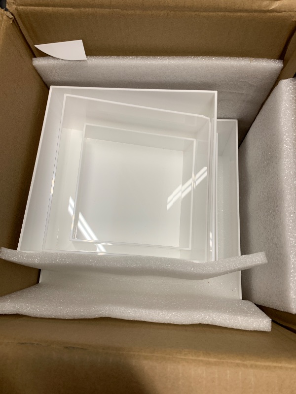 Photo 1 of (PARTIAL SET) Buffet Risers, Food Display Risers for Party, White Acrylic Risers Display Stand for Buffet Table, Catering Displays for Dessert, Cube Box Nesting Riser with Hollow Bottoms (6"x7"x8" 6PCS)