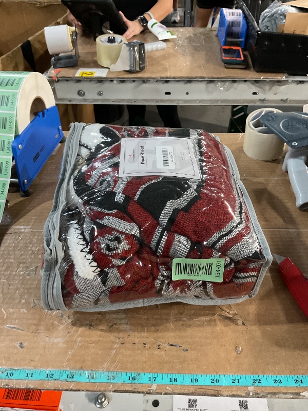 Photo 1 of Aztec Patterned Throw Blanket with Soft Sherpa Lining, Traditional Southwestern Navajo Tribal Style Warm Throw for Camping, Outdoor, Light Weight Cozy Boho Blanket for Couch, Sofa, Bed, 50”x60”, Red