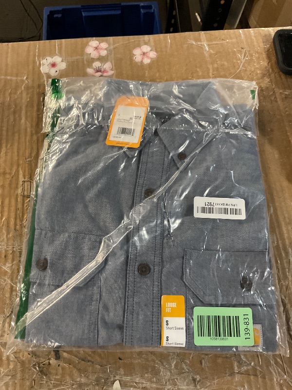 Photo 1 of (small) (used/fair) Carhartt Mens Original Fit Short Sleeve Work Utility Button Down Shirt, Denim Blue Chambray, Small US
