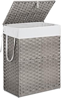 Photo 1 of (USED/FAIR) 90L Laundry Basket with Lid, Hand-Woven Pp Rattan Laundry Hamper with Compartments & Handles, Foldable, Large Capacity Clothes Basket with Removable Liner for Bathroom, Gray