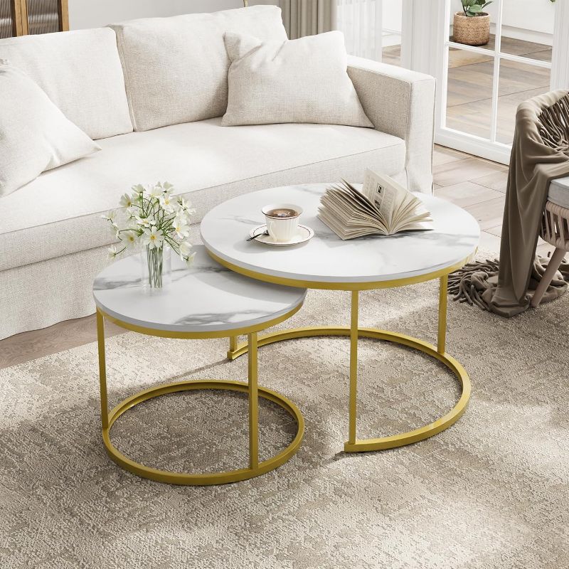 Photo 1 of (PARTIAL SET) Smuxee White Nesting Coffee Table Set of 2, 27.6" Round Coffee Table Wooden Marble Pattern with Adjustable Non-Slip Feet