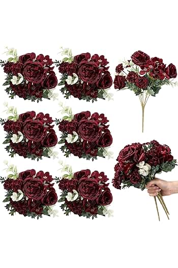 Photo 1 of 
6 Pcs Artificial Peony Silk Florals Fake Mix Silk Peony Rose Faux Flower Hydrangea Bouquet Elegant Realistic Wedding Floral Centerpiece for Home Party Table Arrangement (Red)