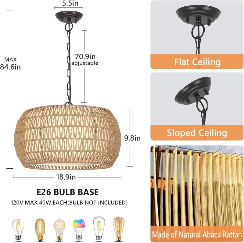 Photo 1 of (UNTESTED) Farmhouse Chandelier Light Fixture, 5-Light Rattan Boho Chandeliers for Dining Room, Hand Woven Pendant Light with Linen Shade, Rustic Hanging Lighting for Kitchen Island, Bedroom (Bulb Not Included)