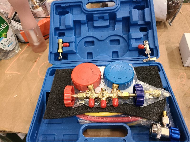 Photo 1 of Orion Motor Tech AC Gauges, AC Manifold Gauge Set for R134a R12 R502 Refrigerant, 3 Way Car with 5FT Hoses Couplers & Adapter, Puncturing & Self Sealing Can Tap Freon Charge Kit