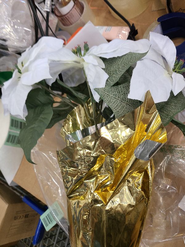 Photo 1 of 15 Inch Potted White Poinsettia Plant - Artificial Christmas Poinsettia Plant in Gold Foil Wrap
