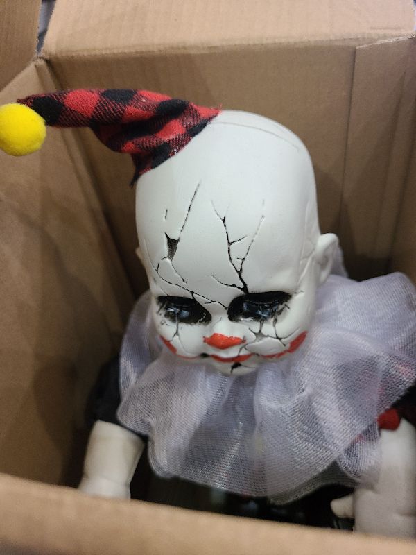 Photo 1 of [Moving Back and Forth] Halloween Animatronic 15.5” Clown Ride on Bicycle, Sound Activated Spooky Talking Halloween Decoration Indoor for Haunted House, Party, Storefront
