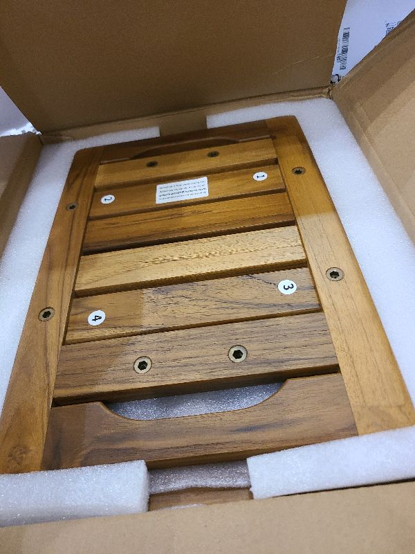 Photo 1 of 14" Compact Teak Shower Stool with Shelf & Handle - Waterproof, Non-Slip Bath Bench for Small Bathrooms/Outdoor Use, 300 lbs Capacity (Patented)