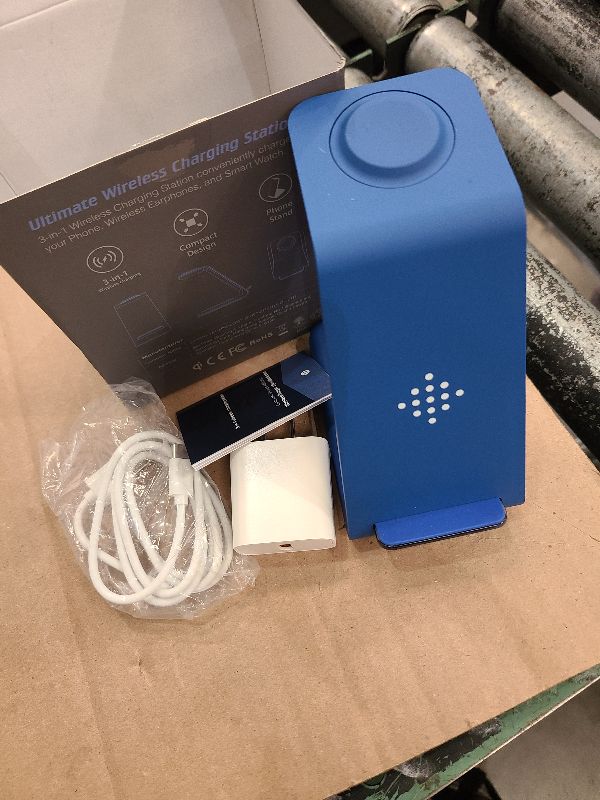 Photo 1 of 3 in 1 Wireless Charging Station, 2025 Upgraded Fast Desk Charger Station for iPhone 16 15 14 13 12 Pro Max Plus, Charger Stand for Apple Watch 10 9 8 7 6 5 4 3 2 SE, Airpods 4 3 2 Pro(Blue)