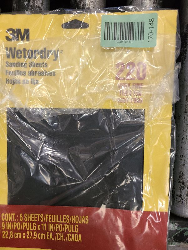 Photo 1 of 3M Wetordry Sandpaper, 5 Sheets, 9 in x 11 in, 220 Grit, Very Fine, Use for Wet and Dry Sanding, For Sanding Between Coats of Varnish, Lacquer, Paint & Other Finishes, Waterproof Paper (9087DC-NA)
