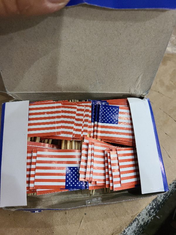 Photo 1 of 100 Pack USA American Flag US Toothpick Flags, Cocktail Picks Mini Stick Cupcake Toppers Country Picks Party Decoration Celebration Cocktail Food Bar Cake Flags (American)