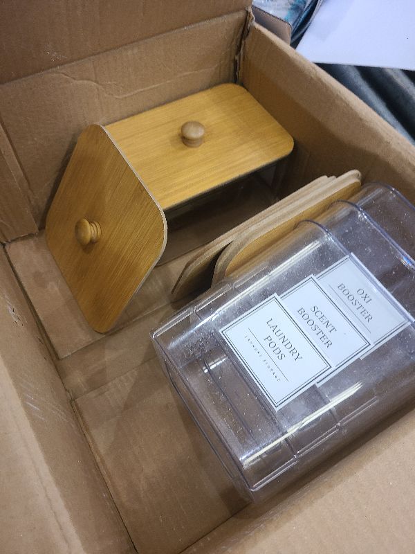 Photo 1 of 3+1 Pack Glass Laundry Pods Container,Laundry Room Organization Jar,Laundry Detergent Powder Storage Containers with Airtight Lids & Labels,laundry Detergent Dispenser for Scent Beads,Powder,Pods