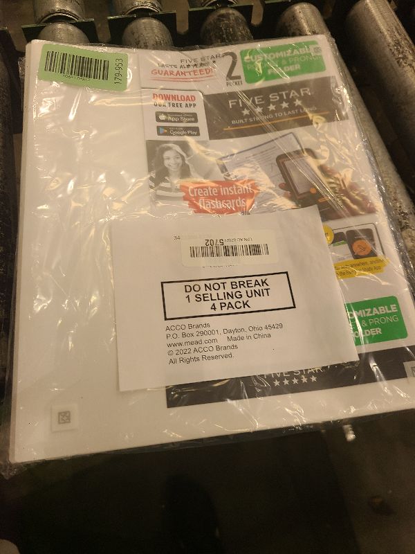 Photo 1 of Five Star 2-Pocket Folder + Study App, 4 Pack, Plastic Folder with Prong Fasteners and Customizable Clear Cover, Holds 8-1/2" x 11" Paper, White, Purple, Yellow, Blue (340220B-ECM)