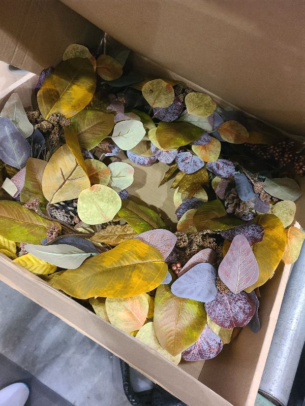 Photo 1 of 24" Fall Wreath for Front Door, Handmade with Artificial Eucalyptus Leaves, Magnolia Leaves, Maple Leaves, Berries, Natural Pine Cones, Fall Decor for Home Farmhouse Door Wall Window
