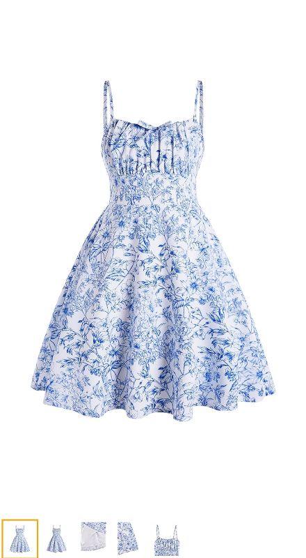 Photo 1 of  Floral Print Summer Dress Bowknot Ruched Bust A Line Cami Dress High Waist Ruffle Hem Cute Sun Dresses
