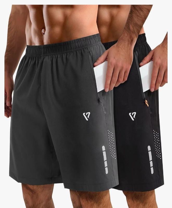 Photo 1 of 2 Pack Mens Athletic Shorts Quick Dry 7 Inch Running Shorts Breathable Mesh Gym Workout Shorts with Zipper Pockets Size 2XL