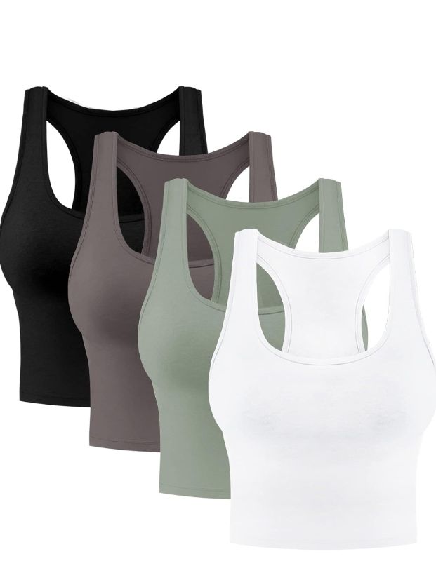 Photo 1 of 4 Pieces Women's Crop Tops Cotton Basic Tank Tops Racerback Sleeveless Sports Workout Crop Tank Tops
