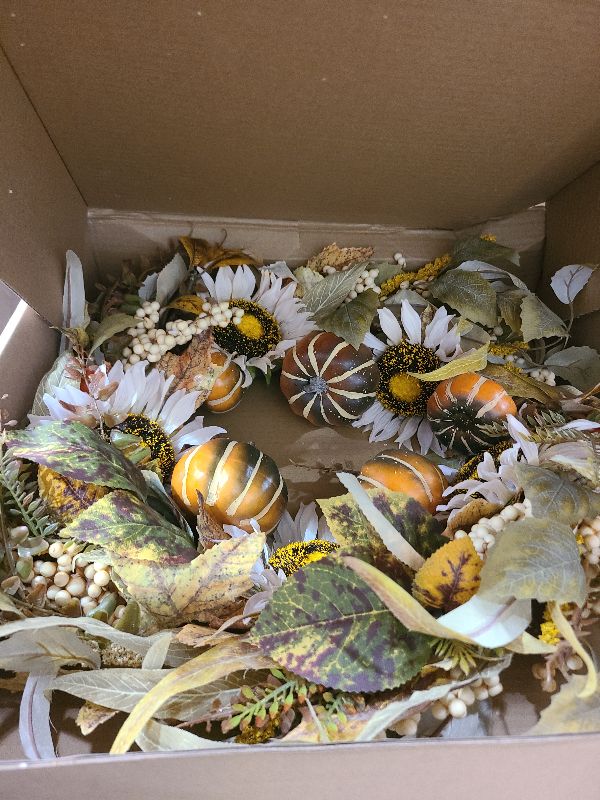 Photo 1 of 24" Fall Wreath for Front Door, Handmade with Faux Dahlia Camellia Sunflower Eucalyptus Maple Leaf Small Pomegranate, Fall Decor for Home Farmhouse Door Wall Window