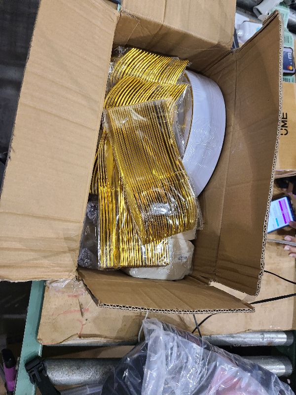 Photo 1 of 350 Piece MCIRCO Gold Dinnerware Set - 100 Plastic Plates - 50 Plastic Silverware - 50 Cups - 50 Paper Napkins, 50 Guest Disposable Gold Dinnerware Set