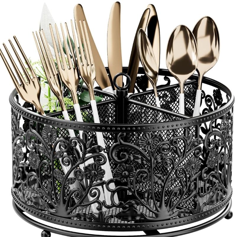 Photo 1 of 360° Rotating Utensil Caddy - Silverware Cutlery Caddy Holder with 4 Compartment, Metal Flatware Organizer Countertop with Handle for Party Camping Picnic, Kitchen Counter, Office (Black)