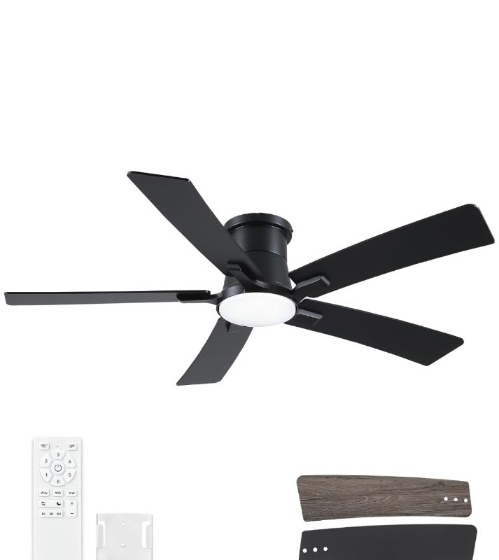 Photo 1 of 52 Inch Ceiling Fans with Lights and Remote, Black Low Profile Ceiling Fan, Flush Mount Style with 5 Blades, For Indoor Bedroom Living Room/Outdoor, 6 Speed Reversible DC Motor, 3CCT Dimmable LED