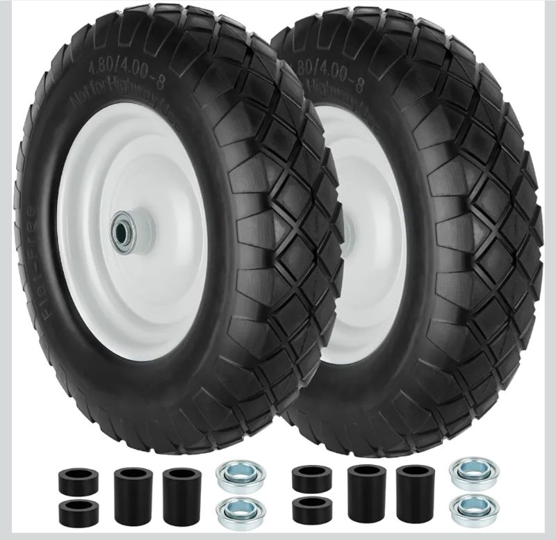 Photo 1 of 4.80/4.00-8 Tire and Wheel, 16" Flat Free Solid Wheelbarrow Tire with 5/8"&3/4" Bearings 3" Hub, 14"-16" Universal Fit Wheelbarrow Tires for Hand Truck/Garden Trailer/Trolley/Wagons