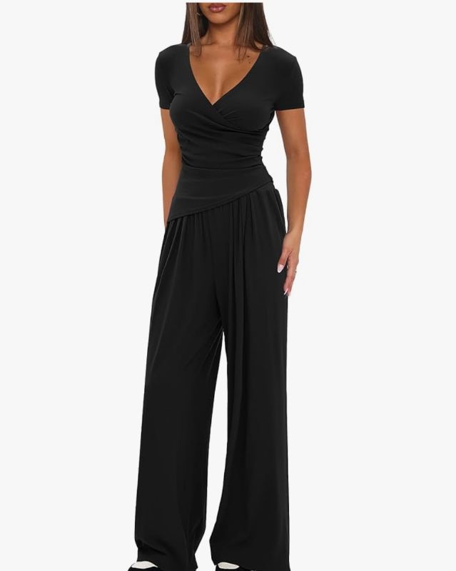 Photo 1 of  Women's 2 Piece Lounge Outfit Sets  V Neck Short Sleeve Shirts and Wide Leg Pants Casual Matching Sets medium
