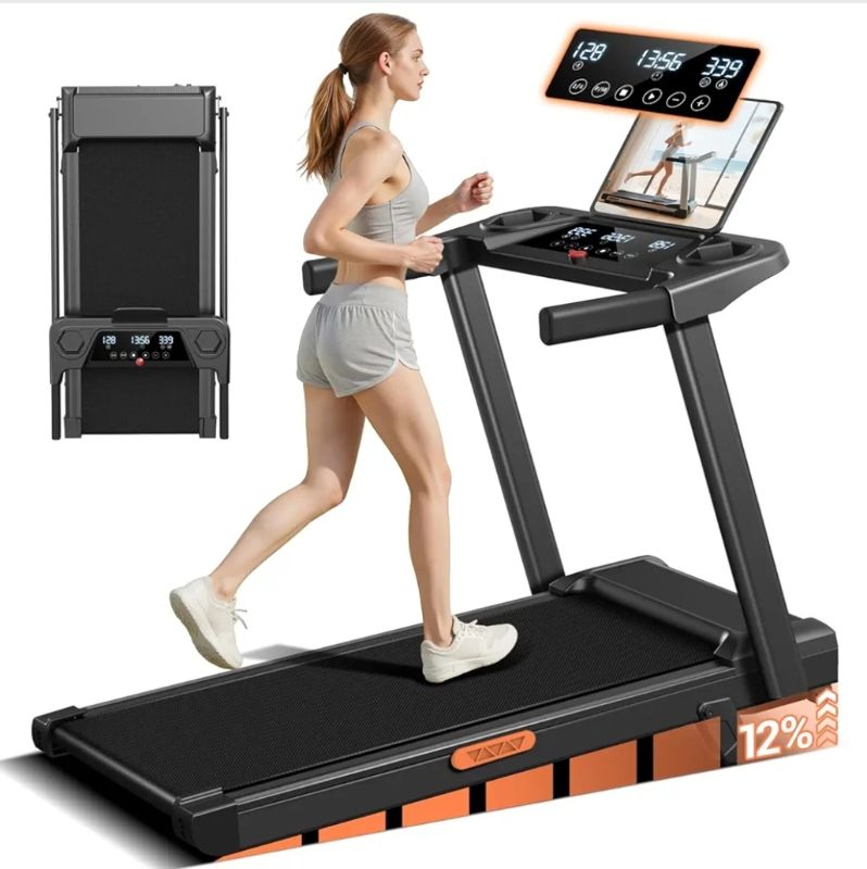 Photo 1 of 12% Incline Treadmill with Handle, 3-in-1 Portable Treadmills for Home and Office, Foldable Treadmills with 300 Lbs Weight Capacity, 3.0HP Quiet Walking Pad Treadmill, Three Touch Screen