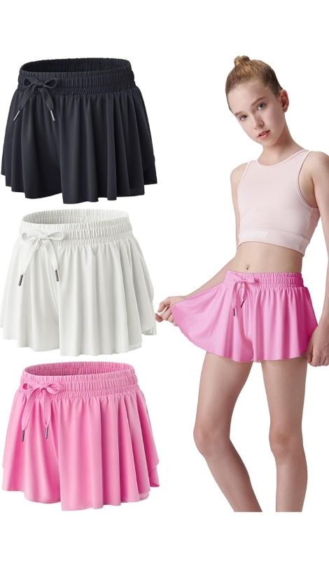 Photo 1 of 3 Pack Girls Flowy Shorts with Spandex Liner 2-in-1 Youth Butterfly Skirts for Fitness, Running, Sports M Girl
