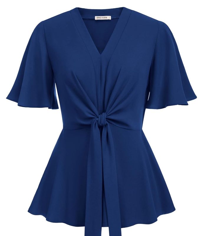 Photo 1 of  GRACE KARIN 2024 Women's Elegant V Neck Peplum Tops Tie Front Short Bell Sleeve Shirts Tops Blouse XL