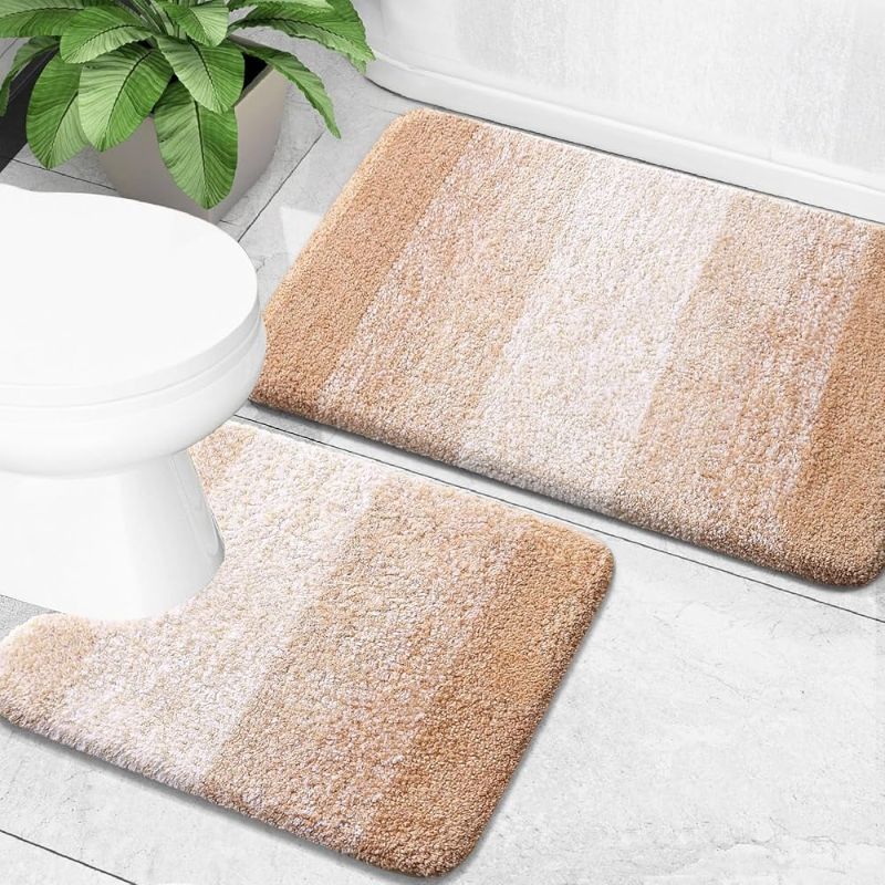 Photo 1 of  OLANLY Bathroom Rug Set 2 Piece, Soft Absorbent Microfiber Bath Mats and U-Shaped Contour Toilet Rug, Non-Slip, Machine Wash Dry, Plush Shaggy Bath Mats for Bathroom (24"x16"+24"x20", Beige) 