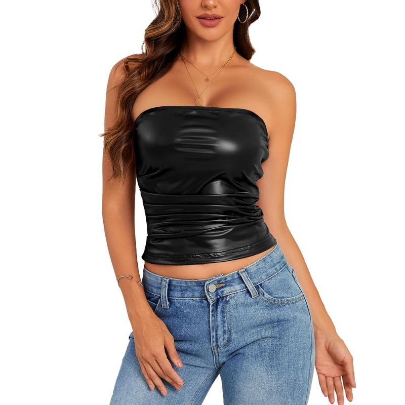 Photo 1 of  Women's PU Leather Tube Top Strapless Ruched Tank Tops Sexy Bandeau Going Out Shirt Partywear Club Concert Outfit M