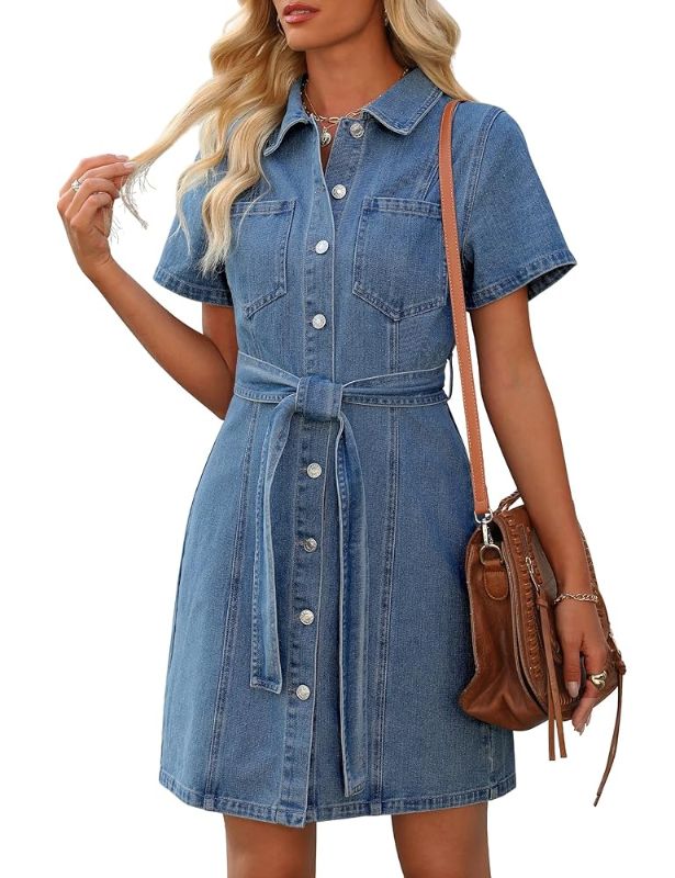 Photo 1 of  Women's Denim Dress Summer Short Sleeve Jean Dress Button Down Denim Shirt Dresses with Pocket 2025 Outfits  XL