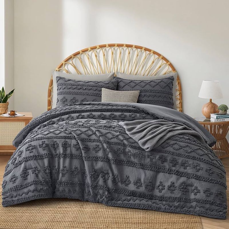 Photo 1 of  Oli Anderson Grey Queen Comforter Set Tufted Geometry Bedding Set Queen 3 Pieces, Boho Shabby Chic Comforter with 2 Pillowcases (Grey,Queen) 