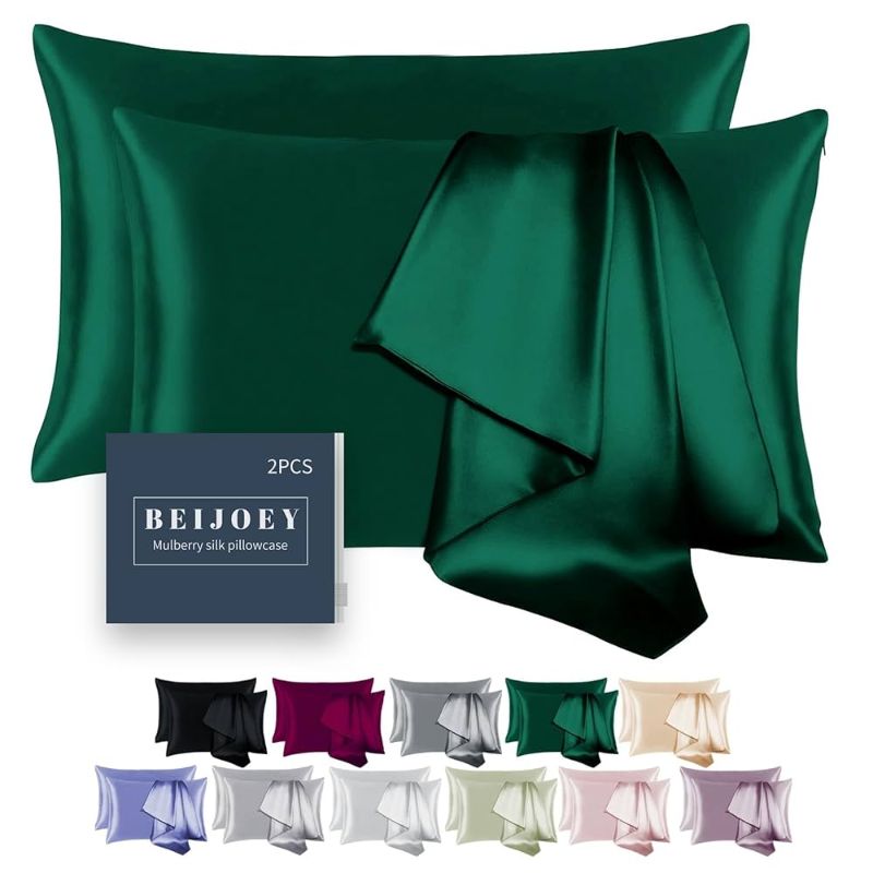 Photo 1 of 100% Mulberry Silk Pillowcase 2 Pack for Hair and Skin,with Hidden Zipper,Both Sides 19 Momme 600 Thread Count Natural Silk Pillow Cover,Soft Breathable Smooth (Dark Green, Queen 20''x30'') 