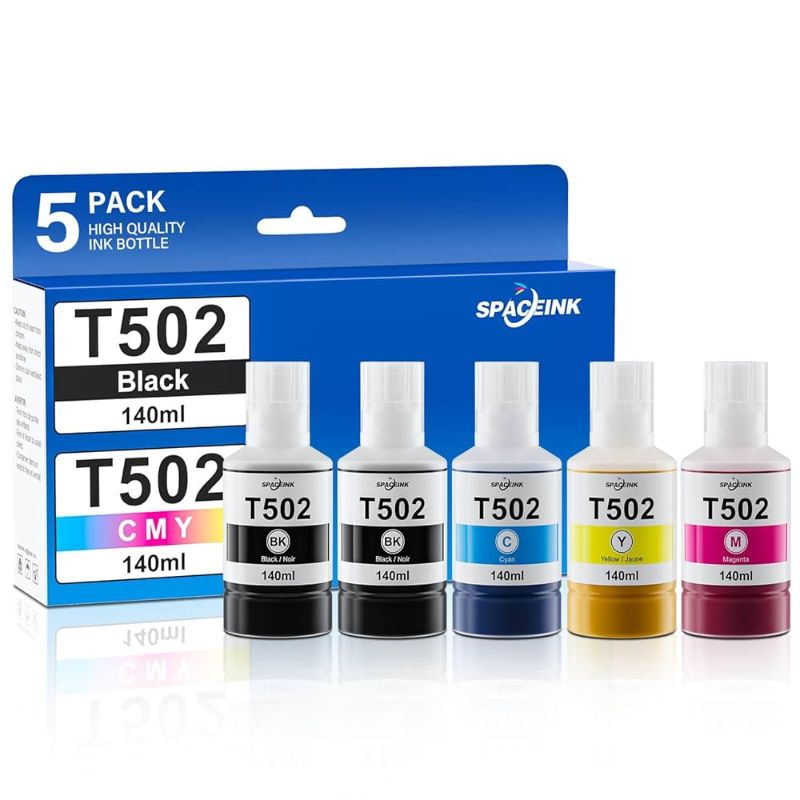 Photo 1 of 502 Ink Refill Bottles for Ecotank ET-2760 ET-4760 ET-2850 ET-3760 ET-3850 ET-4850 ET-2750 ET-4750 ET-3750 ET-3710 ET-3830 ET-15000 ET-3700 ET-2700 ET-2980 ET-2988 Printer 140ml 5 Bottles(2BK C M Y) 